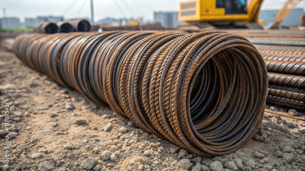 Poster A panoramic closeup capturing tightly coiled rebar bundles ready for use each twist and turn showcasing the structural strength of the materials. The gritty soil and uneven stones
