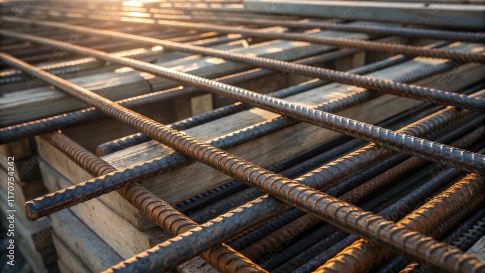 Poster A panoramic closeup of overlapping rebar ends nestled together and supported by a rugged wooden pallet. The intertwining bars form a complex weblike structure with sunlight