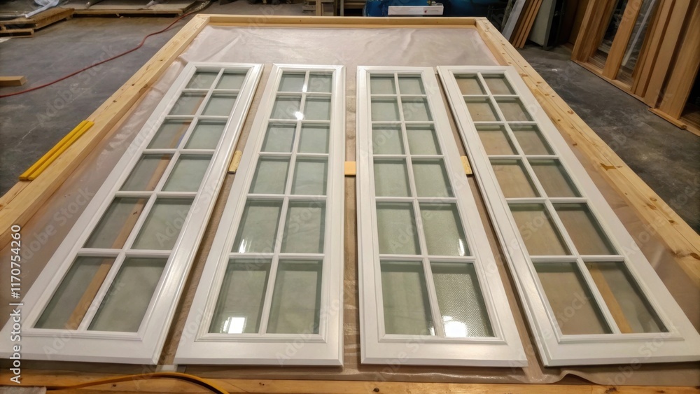 Poster A panoramic view showcases multiple French door glass panels arranged haphazardly on soft padding their edges glistening in the dim light. Variances in shadow and reflection create