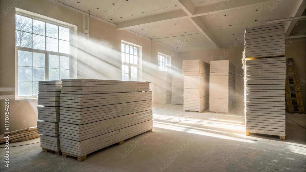 Poster a panoramic composition capturing the varying heights of drywall stacks in a spacious unfinished roo