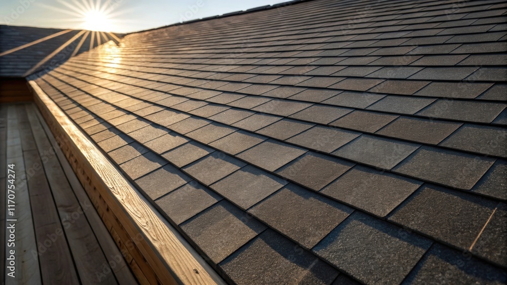 Poster A perspective focusing on the reflective properties of asphalt shingles with sun rays bouncing off the surface producing a shimmering effect. Shadows cast by the shingles