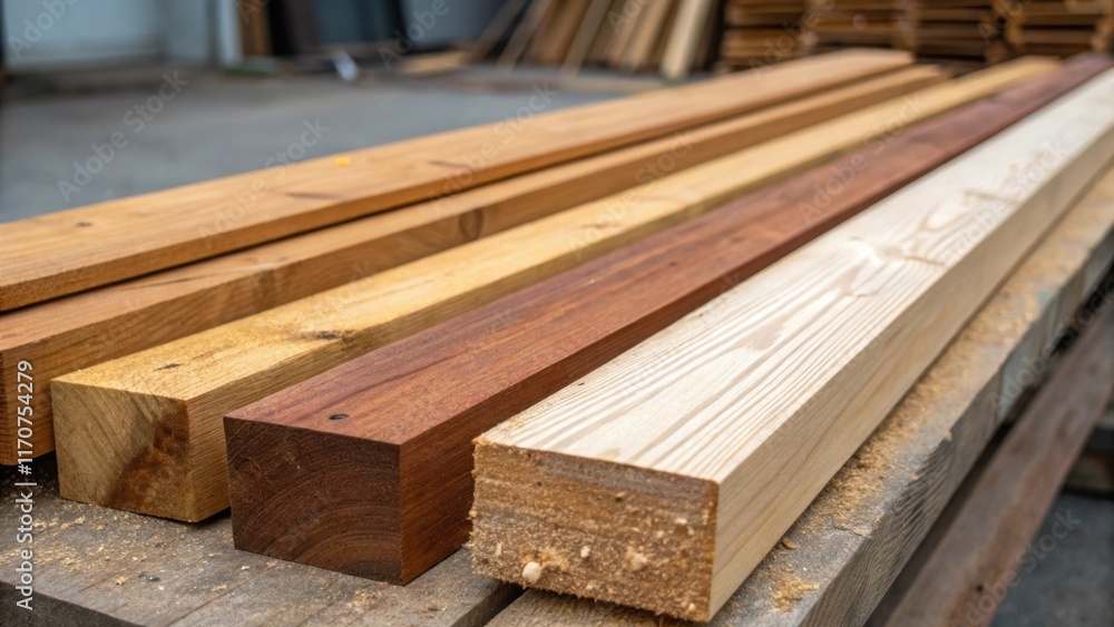 Poster A partial view of several beams leaning against each other showcasing their varied lengths and widths. The rich natural hues of the sanded wood blend harmoniously while small