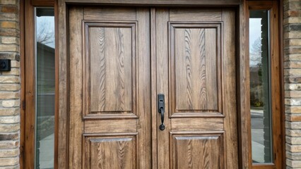 A pair of fiberglass double doors with a weathered wood finish evoking a rustic charm. The closeup reveals the grain patterns meticulously replicated in the fiberglass enhanced by