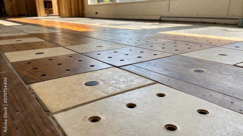 Poster a refined focus on a section of subfloor showcases a series of repair patches their finishes blendin