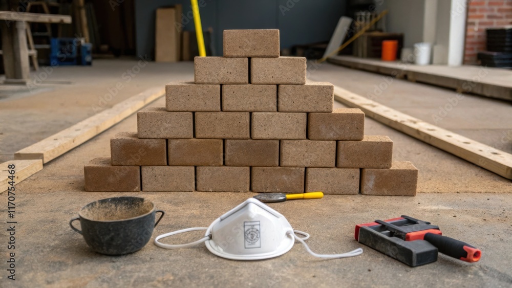 Poster A series of bricks arranged in a geometric pattern creates visual interest while a small hand mixer for mortar and a dust mask lie nearby symbolizing the practical challenges of a