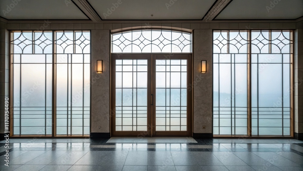 Poster A serene arrangement of overlapping frosted glass panes each uniquely designed offers a glimpse into the seamless transition from one space to another. The glimmer of light