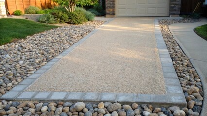 Obraz premium A section of the driveway is shown with a sprinkling of fine sand mixed a the stones enhancing the stability and cohesiveness of the loose aggregate. The gentle gradient of colors