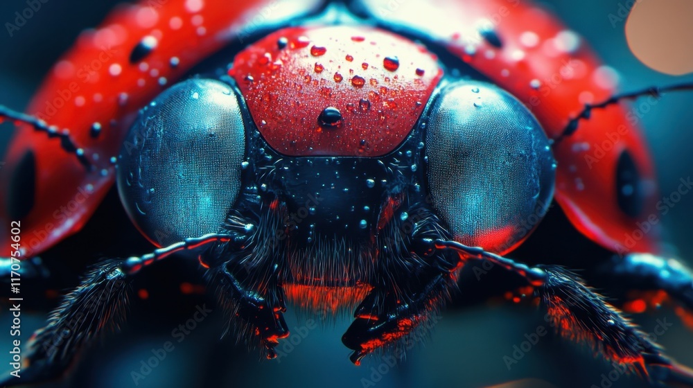 Poster Macro exploration of a colorful ladybug with glistening droplets on its vibrant shell in a mystical setting. Generative AI
