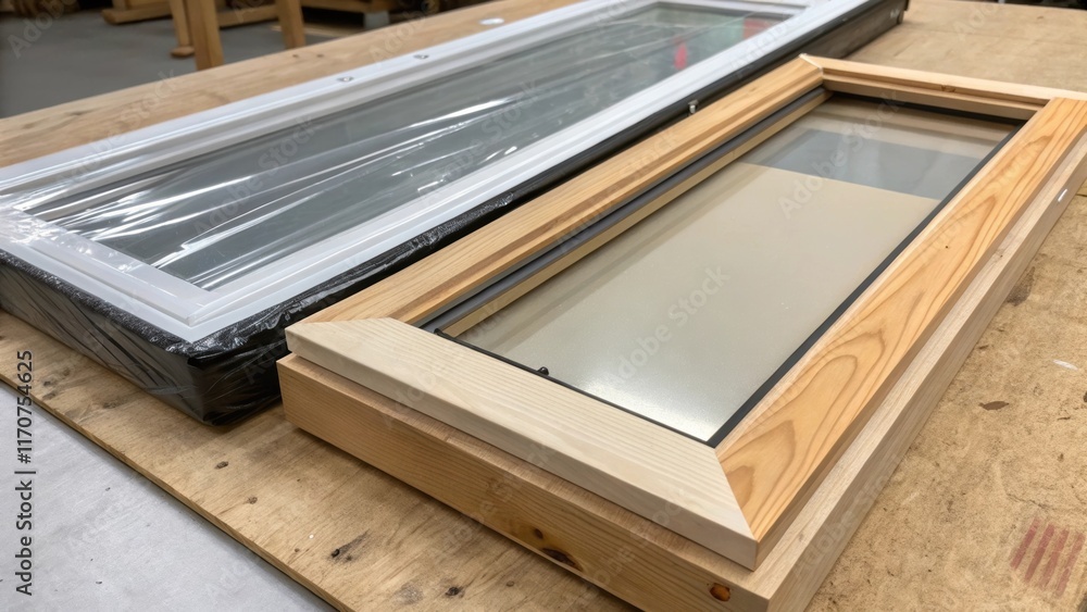 Poster a shot of a sliding window sash halfassembled with one side wrapped in protective film while the oth