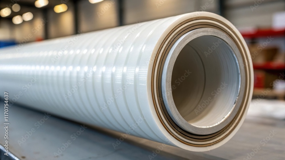 Aufkleber A shot that focuses on the end of a flexible pipe roll showcasing the smooth rounded edge and the clarity of the material. Soft light highlights the cylindrical shape while subtle