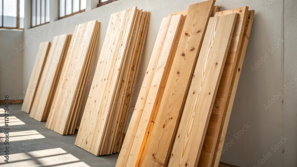 Poster A side profile view of crosslaminated timber sheets leaning against a wall their varying thicknesses creating a visually appealing display. Soft natural light casts gentle shadows