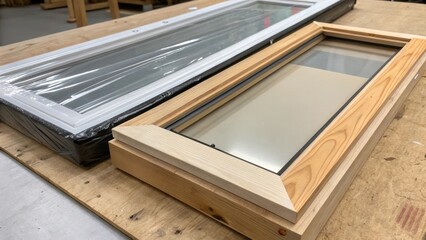 Obraz premium A shot of a sliding window sash halfassembled with one side wrapped in protective film while the other is exposed showcasing raw materials. The contrast between the sleek surface