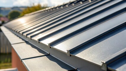 Fototapeta premium A series of metal flashing sections tipped slightly at an angle revealing the interlocking edges designed for seamless installation. The interplay of light and shadow highlights