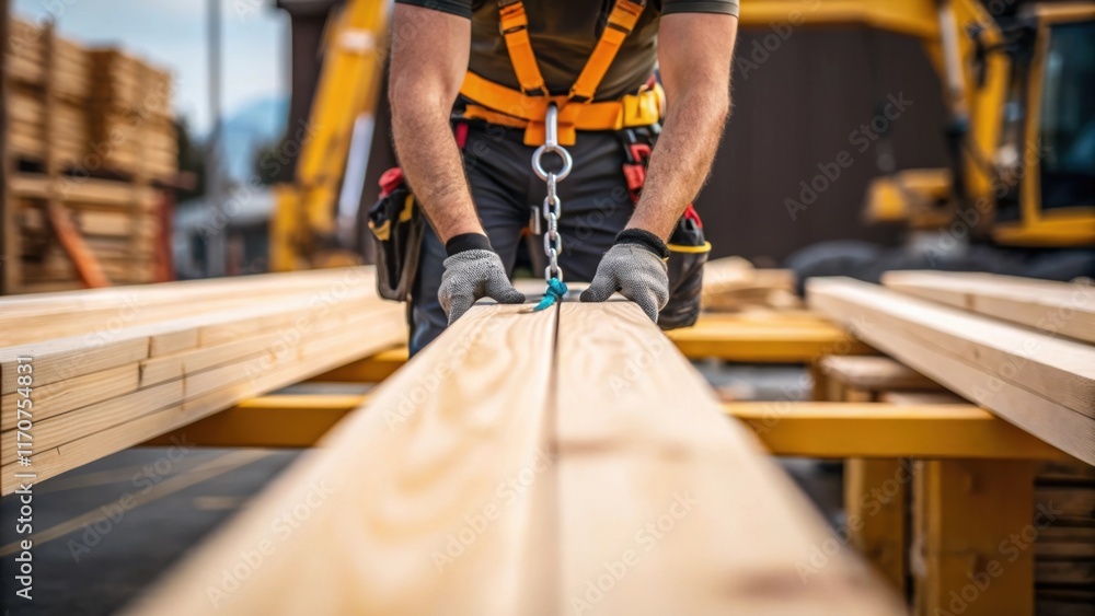 Poster A striking image of a worker preparing to secure the trusses for the crane with hands gripping timber tightly. The focus is on the labor involved in ensuring safety and precision