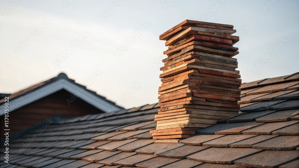 Poster a tightly bundled stack of shingles leans precariously at the roofs edge showcasing the craftsmanshi