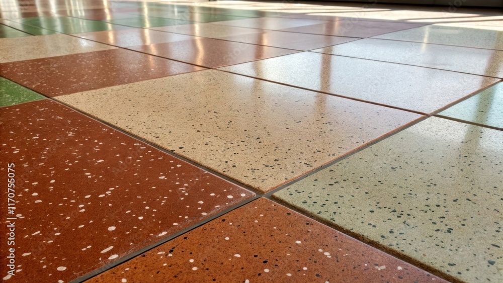Poster A textured view of smooth polished terrazzo tiles in varying shades of earthy tones â€“ deep rusts gentle beiges and subtle greens. The image captures the interplay of light and