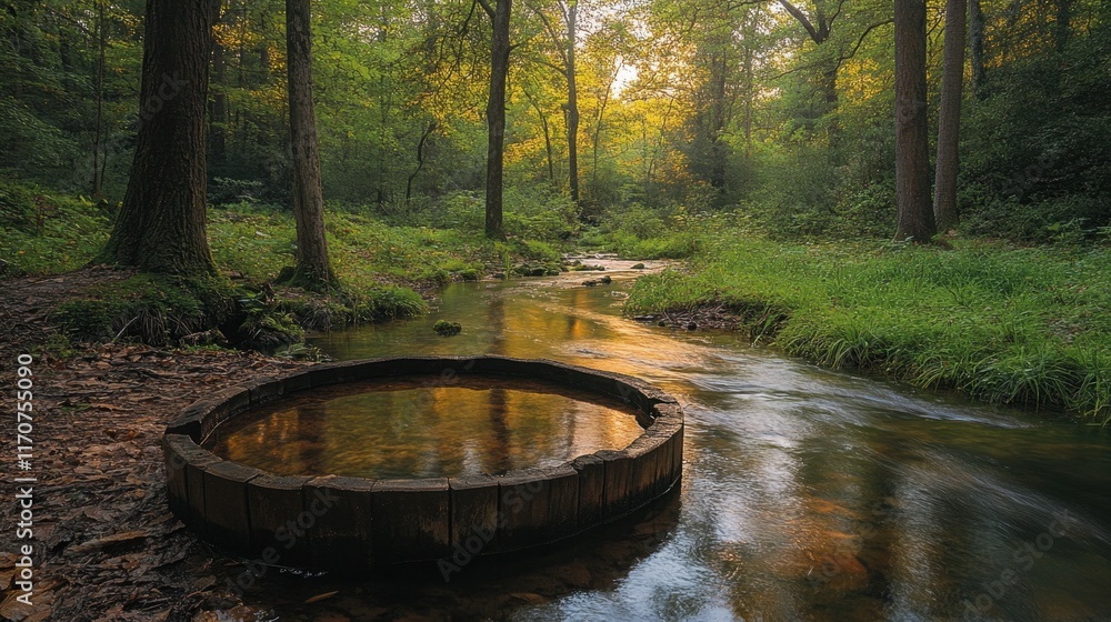 Poster tranquil forest stream reflecting golden light through the trees with a circular wooden basin by its