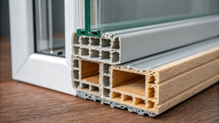 A texturefocused shot capturing the crosssection of a storm window showcasing the multiple layers of glass and insulation material hinting at the energy efficiency and durability