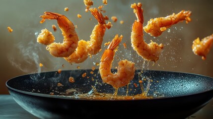  Golden Brown Shrimp Tossed in a Sizzling Pan with Crumbs and Steam in a Dynamic Gourmet Scene
