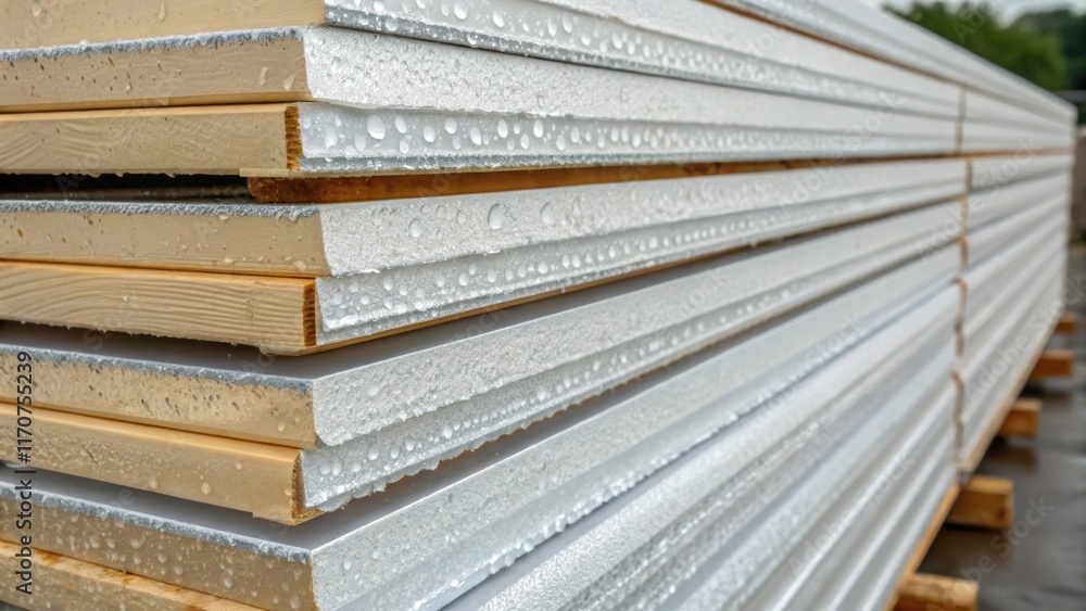 Aufkleber A tightly framed image of stacked insulated siding panels emphasizing their vertical alignment. The textured outer layer contrasts with the soft sheen of the foilbacked insulation