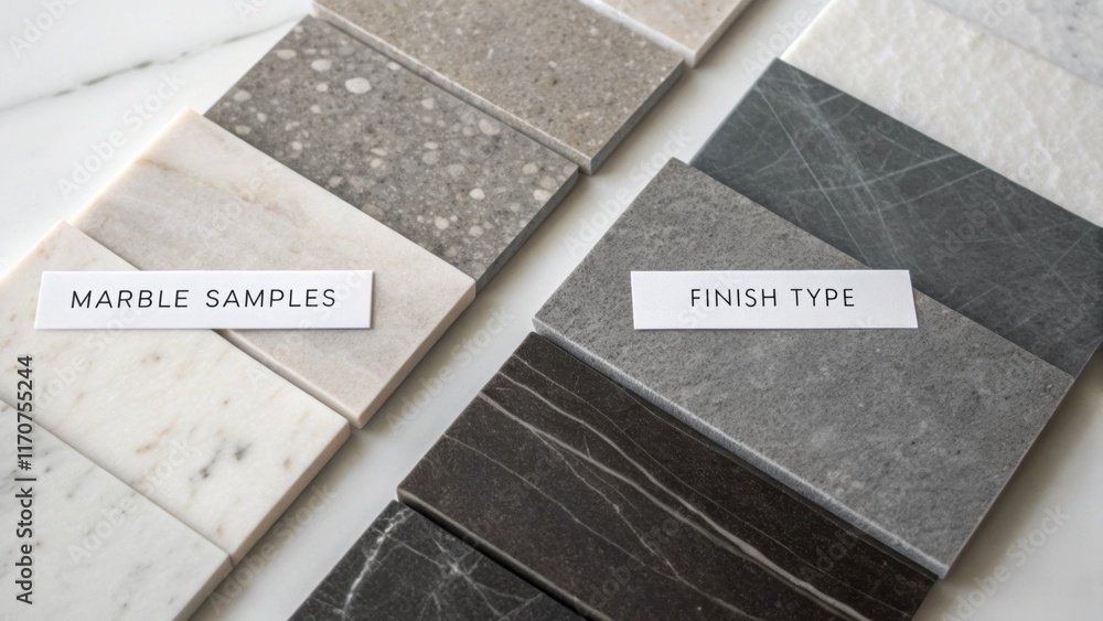 Poster A topdown shot of overlapping marble samples featuring varying shades of gray from light to deep charcoal. Each piece is marked with distinct labels that describe the finish type