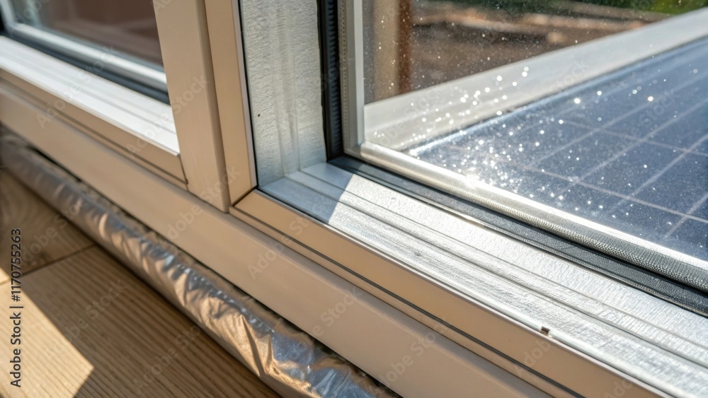 Poster A tight shot of the solar reflective coating on the inner side of the insulated window frame just visible beneath the protective wrapping. Tiny flecks of light are caught on the