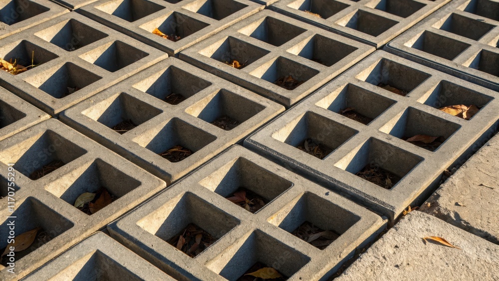 Poster A topdown view of trench grates arranged in a neat grid pattern on a concrete surface highlighting their geometric shapes. The interplay of light and shadow accentuates each grates
