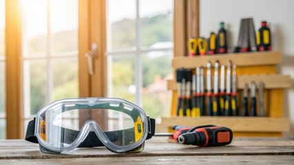 Obraz premium At the forefront a pair of safety goggles reflect the soft glow of natural light streaming through partially installed windows. Behind them an array of screwdrivers and power tools