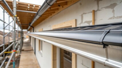 A tight shot of the seamless joins between aluminum gutters spotlighting the precision of the craftsmanship. In the blurred background unfinished walls and scaffolding hint at the