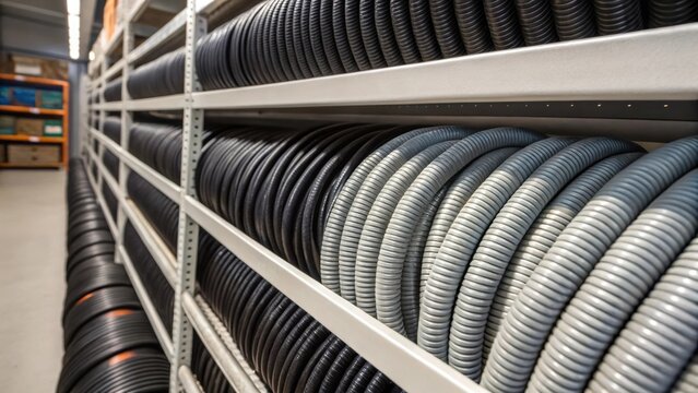 A topdown perspective of shelves laden with coiled flexible electrical conduits showcasing the intricacies of each looped strand