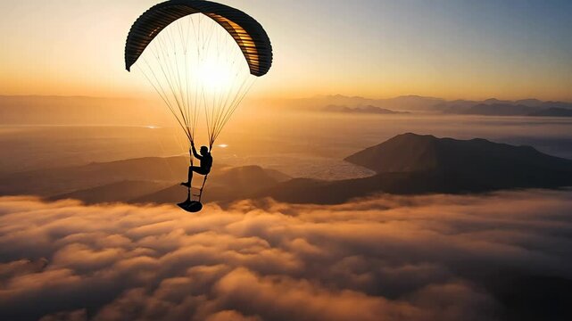 Paraglider soaring above clouds during sunset with beautiful mountain landscape in the background