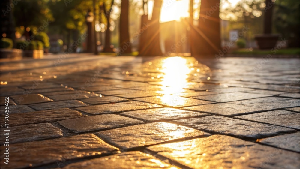 Poster A vibrant closeup of sunlight cascading over the polished surface of the stone pavers casting soft shadows and emphasizing the intricate ing patterns that shimmer in the light