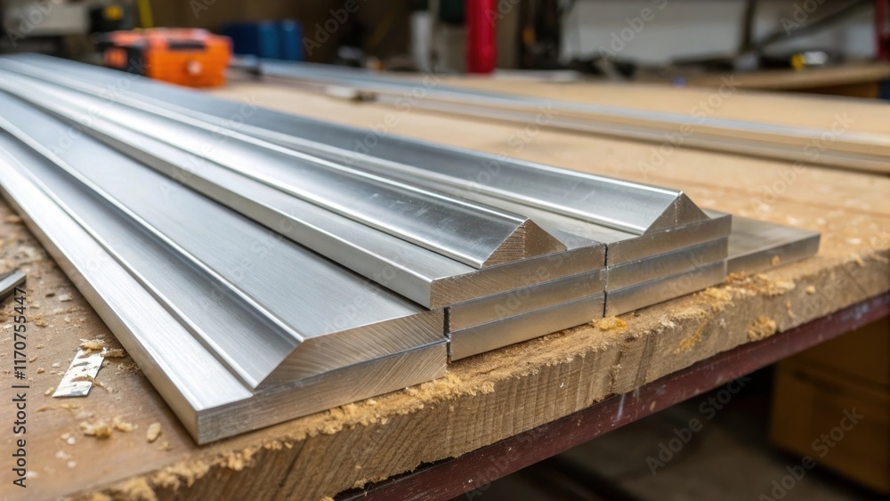 Poster A vibrant closeup of several aluminum thresholds stacked atop one another their sharp angles catching the light while the workbench bears traces of sawdust and tered screws telling