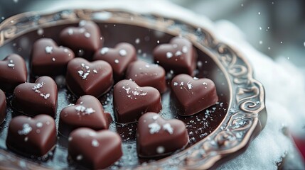 A close-up of heart-shaped chocolates arranged on a decorative plate, with soft snowflakes falling in the background creating a romantic ambiance.