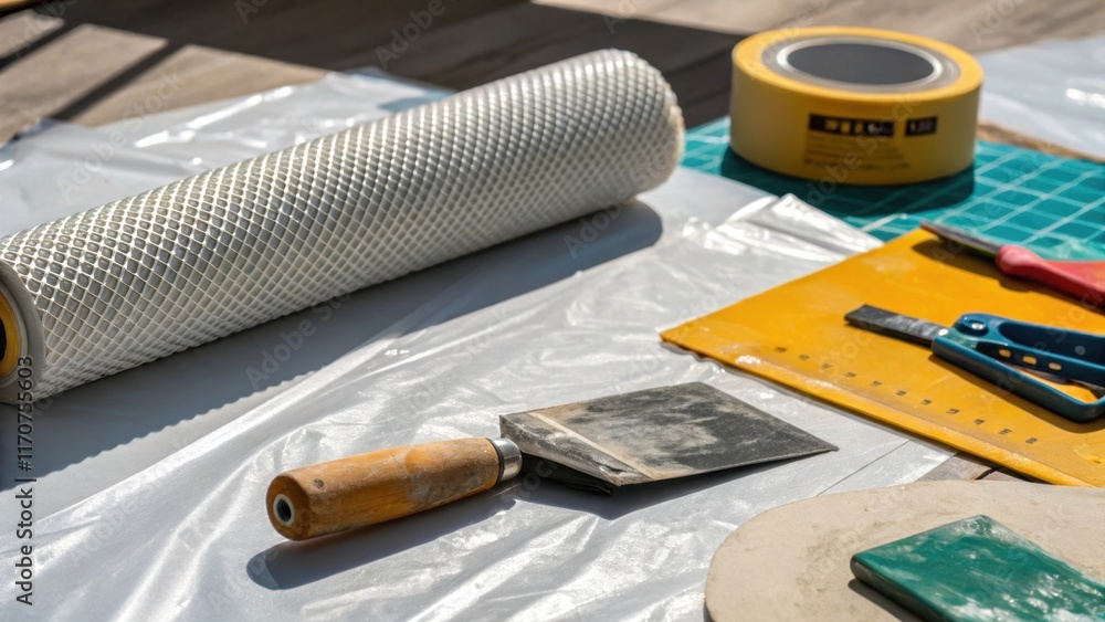 Aufkleber A vibrant shot of a workspace filled with tools where a fresh roll of stucco mesh lies open alongside a wellused trowel caked with surplus adhesive. Shadowy outlines of plastic