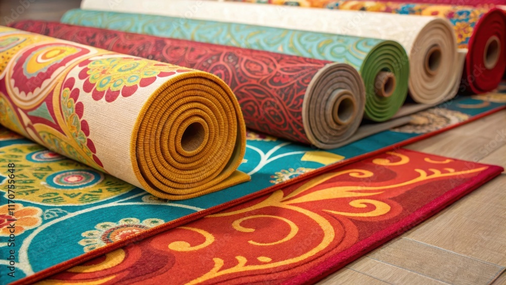 Poster A vibrant still life image featuring rolls of carpet partially un exposing their vivid colors and intricate patterns. The padding sheets are arranged underneath emphasizing the