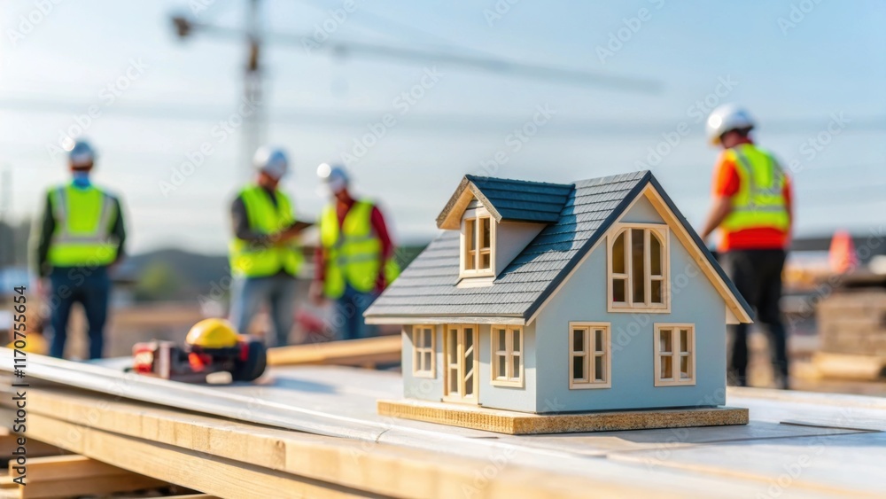 Aufkleber A vibrant view of a prefabricated dormer section resting on a construction site with workers in the background preparing for installation. The image captures the anticipation and