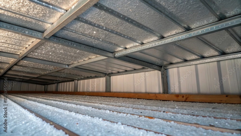 Aufkleber A view focusing on the internal structure of the insulated roof revealing the layer of insulation sandwiched between the metal surfaces. The granules of the insulation material are