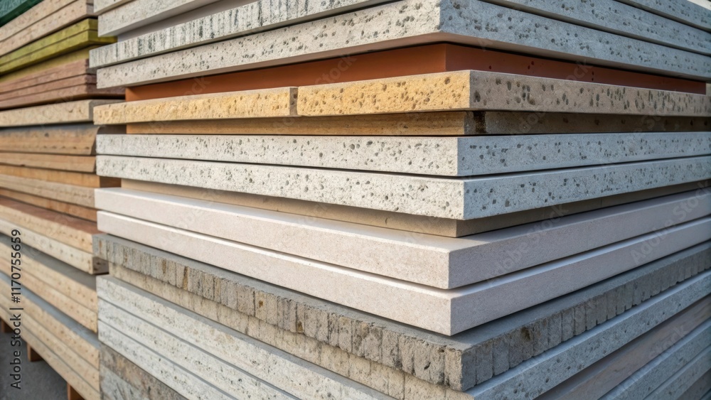 Fototapete A view showcasing the layering of various uniformly stacked precast panels where the subtle variations in color and texture create a visually striking pattern. The play of light on