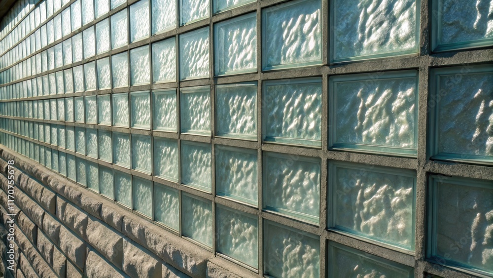 Poster A view highlighting the structural integrity of a staggered glass block wall showing how varying block sizes add visual interest. The shadow play created by the uneven stacking