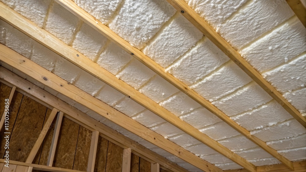 Poster Captured from beneath the eaves this closeup focuses on the precision of the spray foam application. The foam outlines the edges of the rafters highlighting the meticulous
