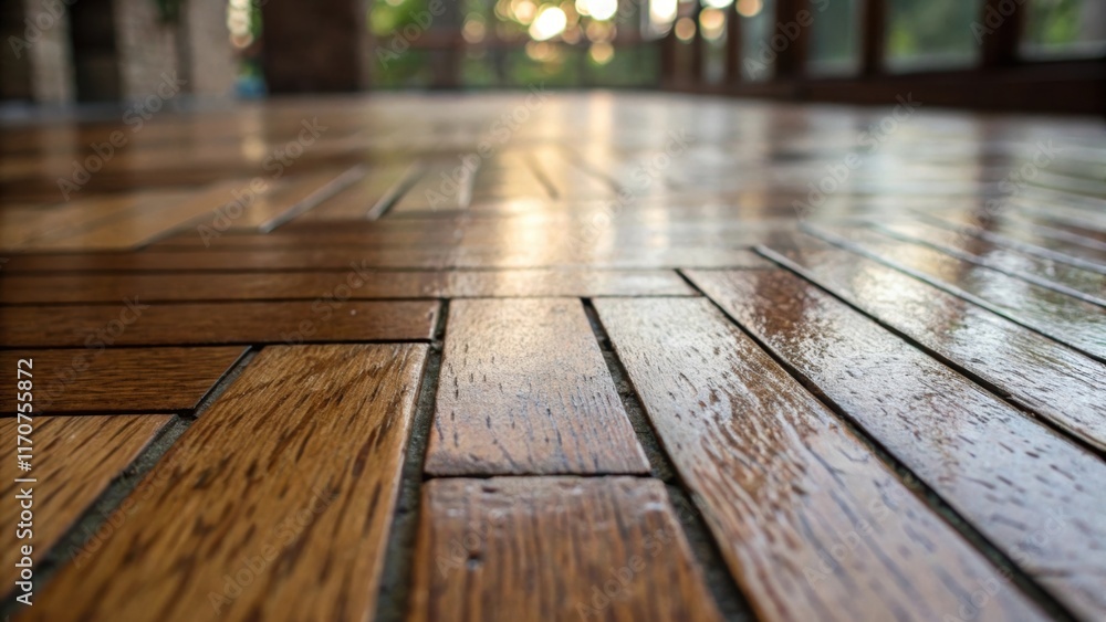 Poster A zoomedin perspective of a hardwood plank with a polished surface that catches the light at different angles creating a mosaic of reflections. Portions of the grain appear almost