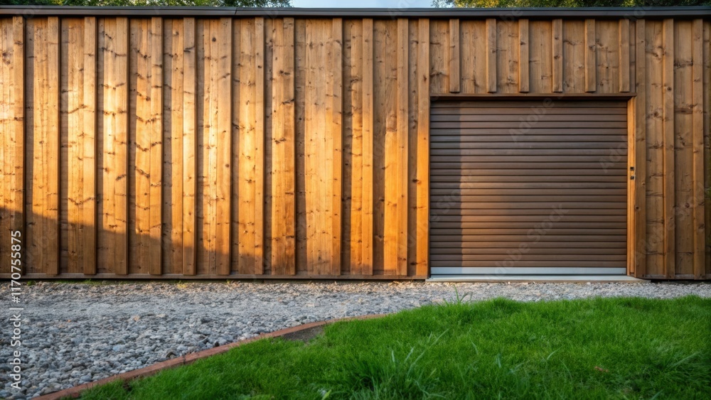 Poster captured from a low angle the stained wooden fence panels tower above their vertical lines contrasti