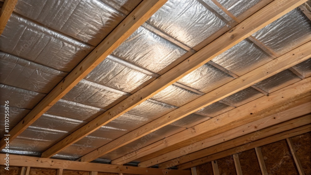 Poster A zoomedin view of a radiant barrier insulation panel installed in a ceiling where the shiny surface is contrasted by the rough texture of wooden rafters. The interplay of light