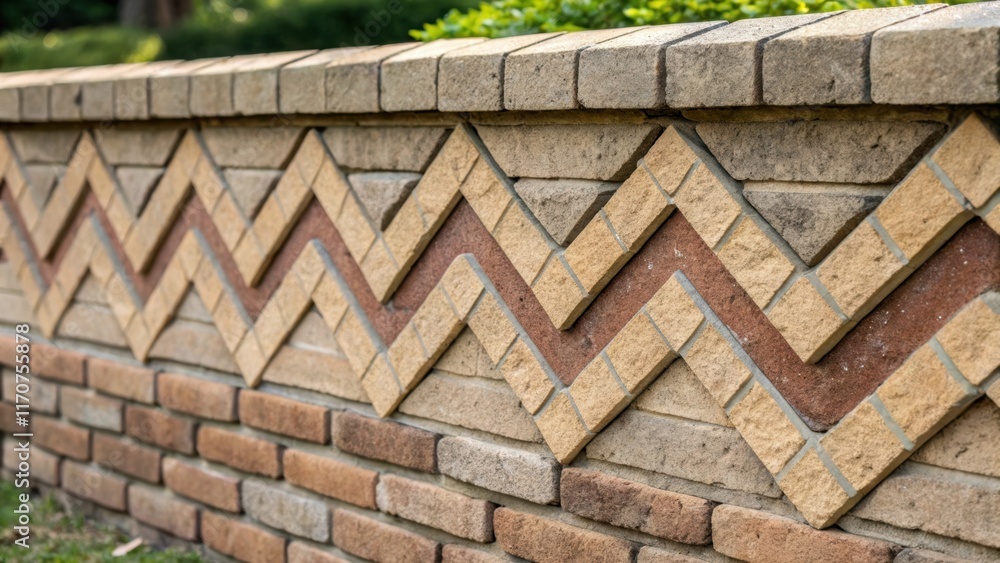 Poster Captured in this closeup is a section of the masonry wall featuring a playful zigzag pattern. The careful alignment of the bricks results in a sense of movement while the earthy