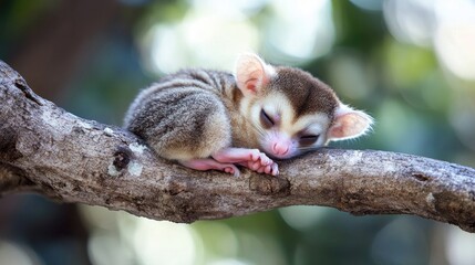 Fototapeta premium A sleeping animal resting on a branch in a serene natural setting.