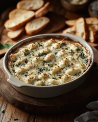 A delicious baked spinach and cheese dip served with toasted bread on a rustic wooden table.