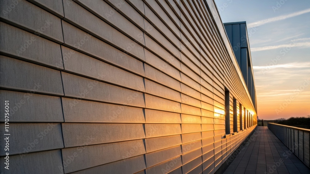 Poster Capturing the interplay of light and shadow this closeup focuses on the vertical arrangement of fiber cement panels against the soft glow of the setting sun. The subtly layered