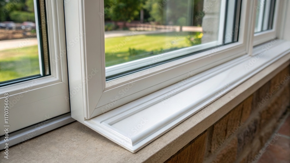 Poster closeup of a decorative window emphasizing the interplay between the sleek white vinyl frame and the