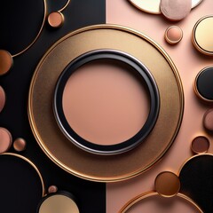 Luxurious metallic circles with copper and gold tones, textured surfaces, and black leather centers under soft lighting.